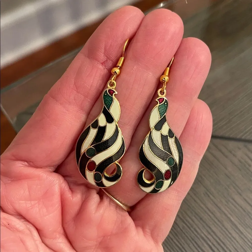 Vintage Cloisonné Black & White Striped Bird Earrings Multicolor Swirl Earrings